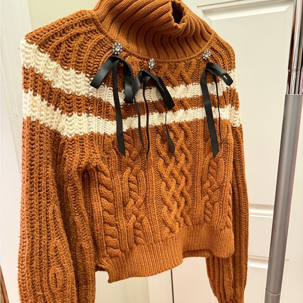 Anthropologie Rust and Cream Cable Knit Turtleneck Sweater